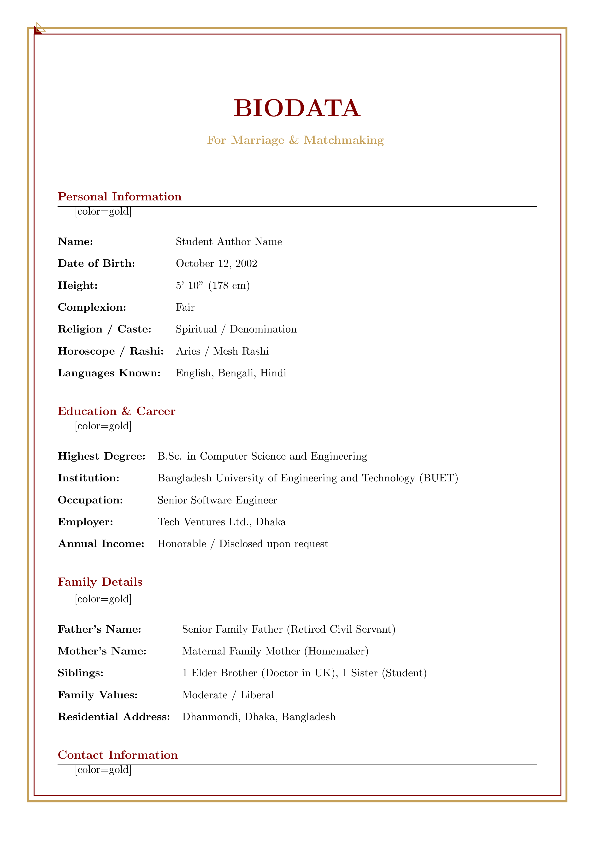 Marriage Biodata LaTeX template preview