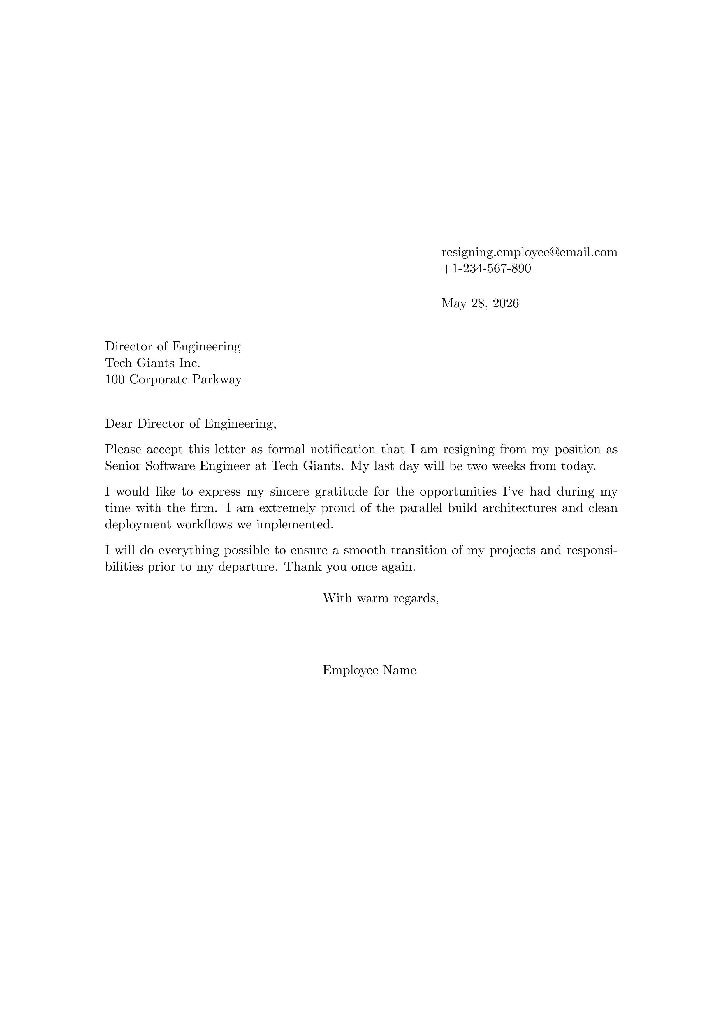 Resignation Letter LaTeX template preview