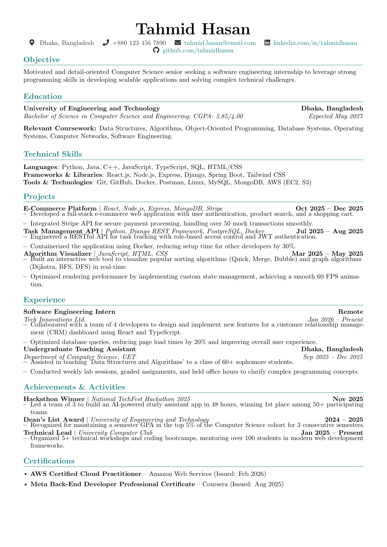 Student / Fresher Resume LaTeX template — first page preview