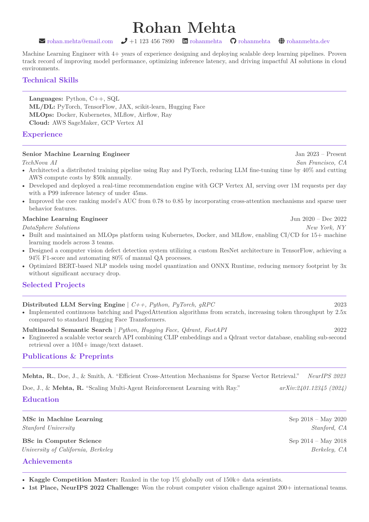 ML / AI Engineer Resume LaTeX template — first page preview