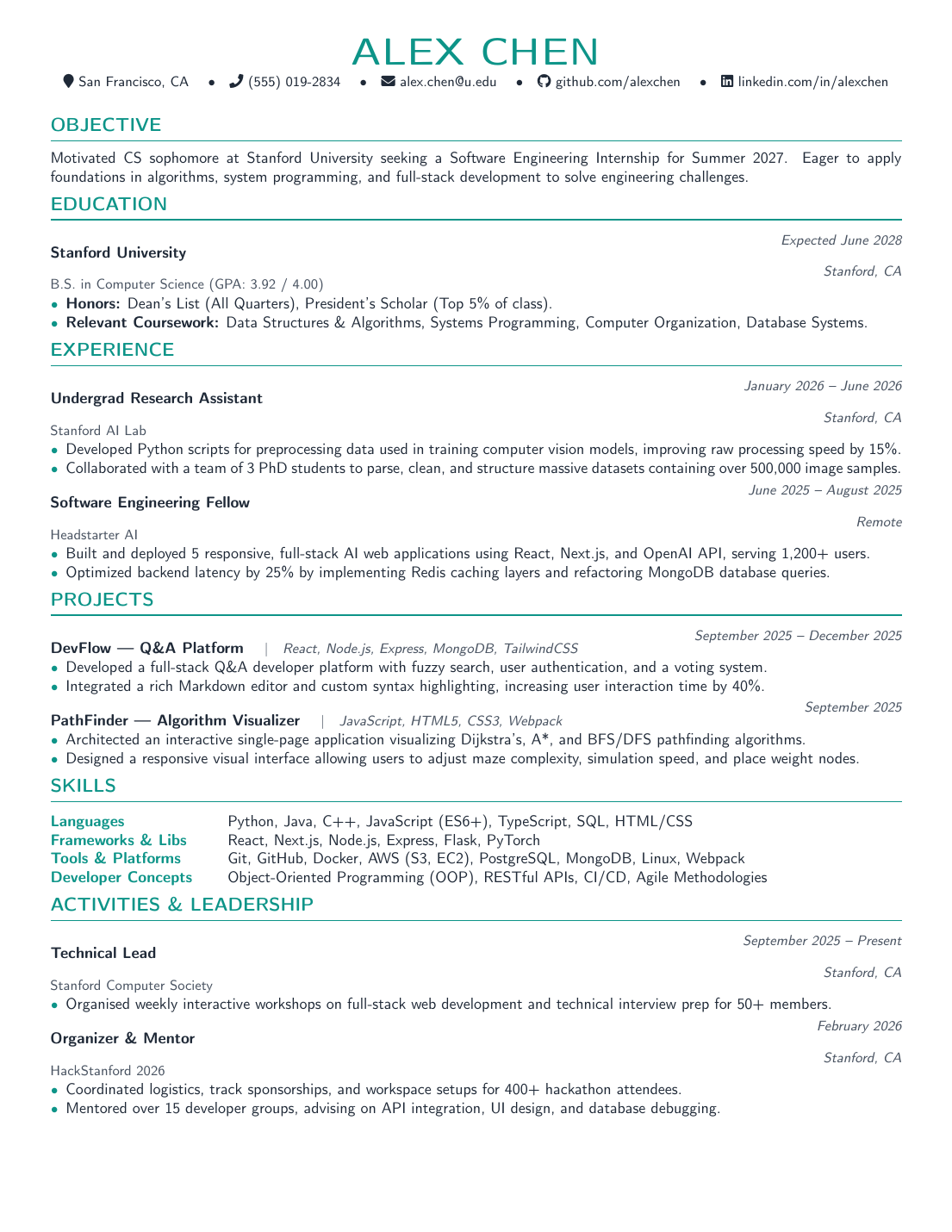College Student Resume LaTeX template preview