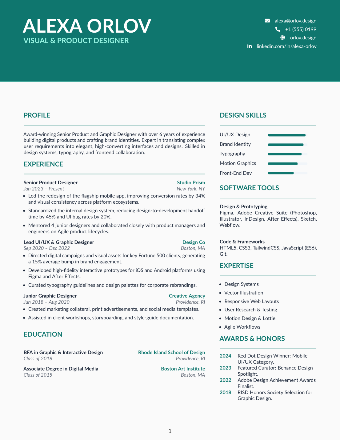 Creative Designer Resume LaTeX template — first page preview