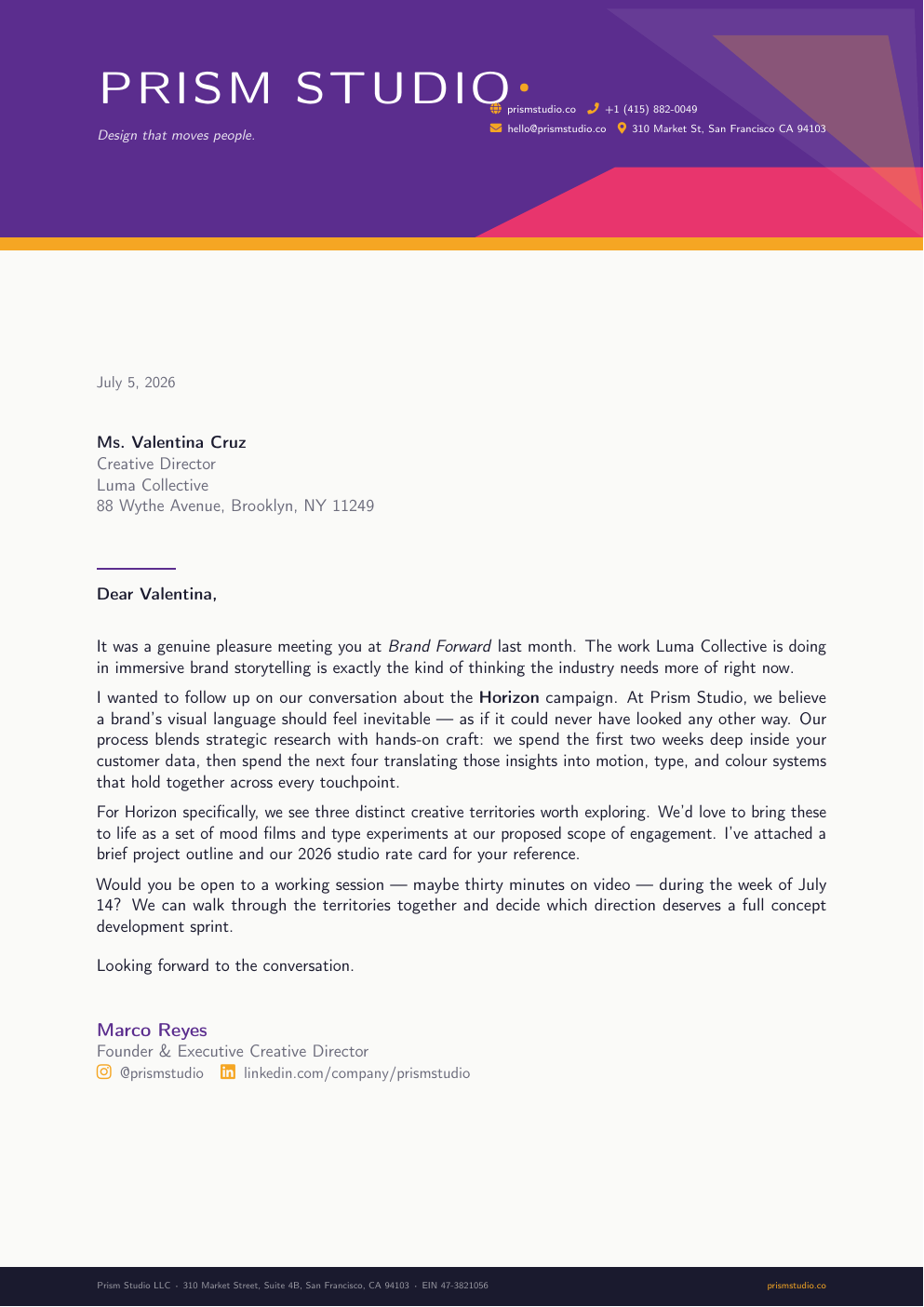 Creative Studio Letterhead LaTeX template — first page preview