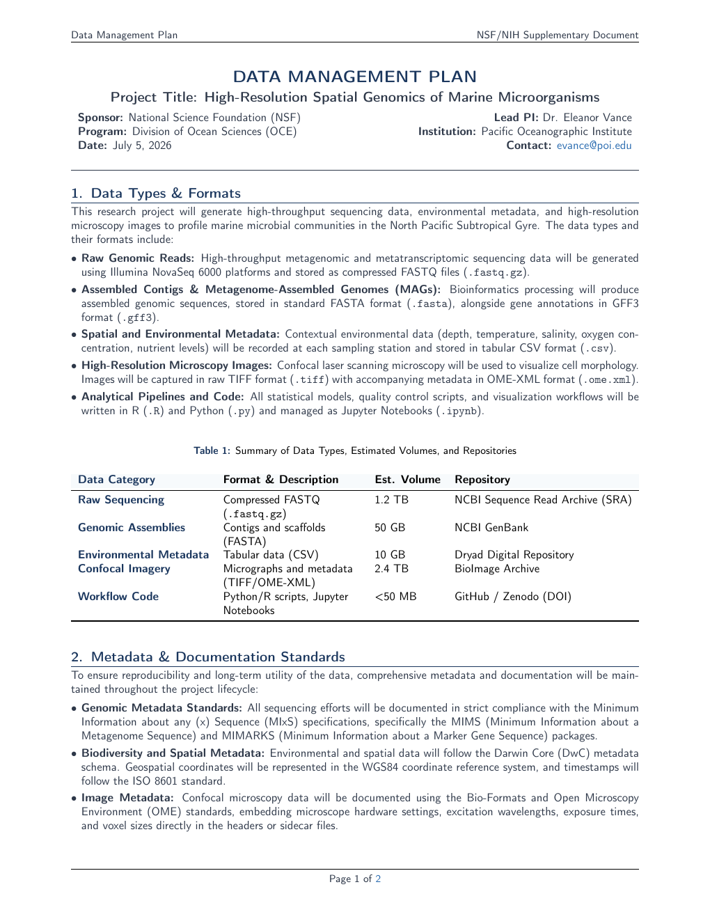 Data Management Plan LaTeX template preview