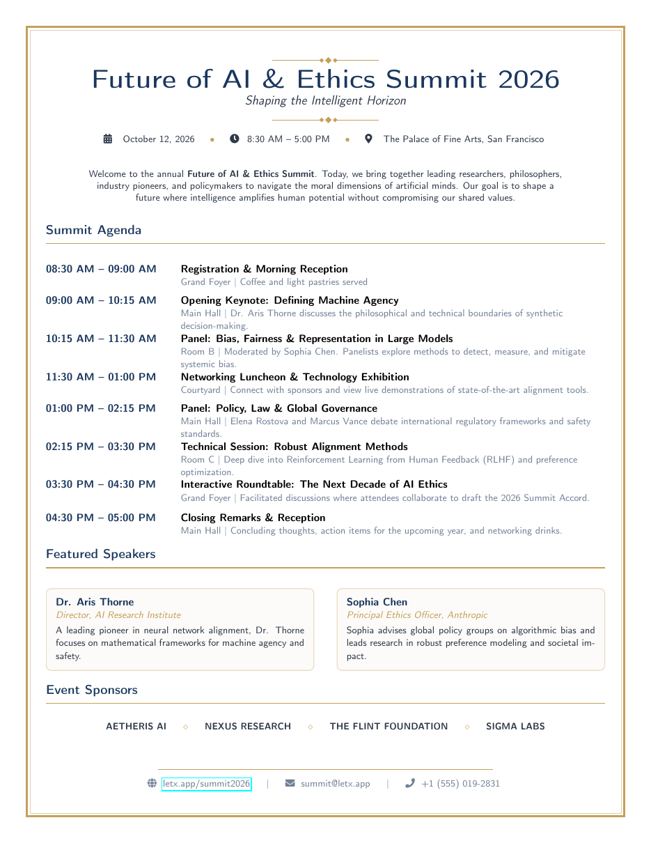 Event Program Brochure LaTeX template — first page preview