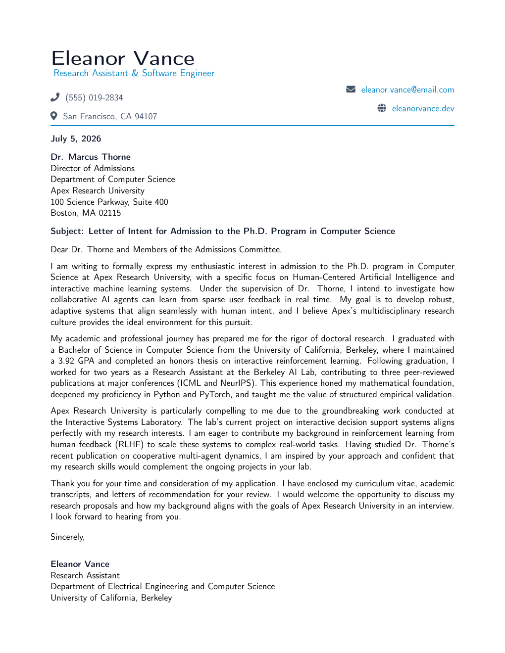 Letter of Intent LaTeX template — first page preview