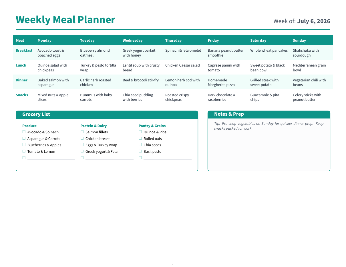 Weekly Meal Planner LaTeX template — first page preview