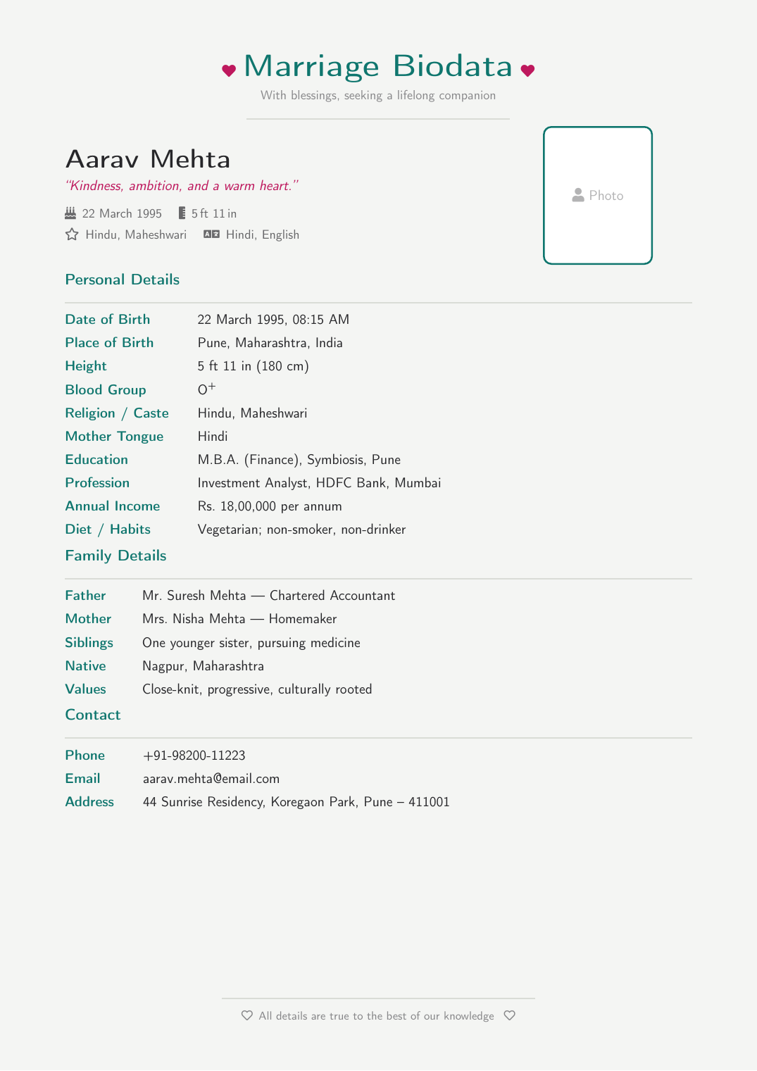 Modern Marriage Biodata LaTeX template — first page preview