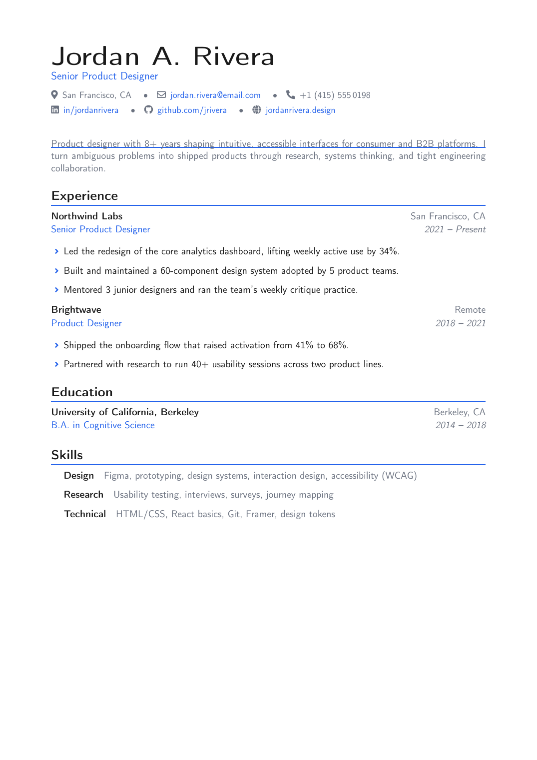 Modern Minimalist Resume LaTeX template preview