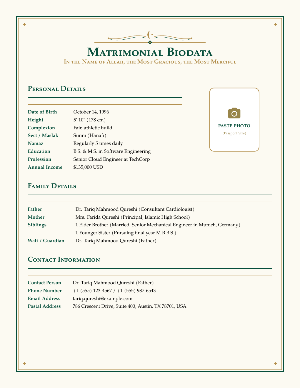 Muslim Marriage Biodata LaTeX template — first page preview