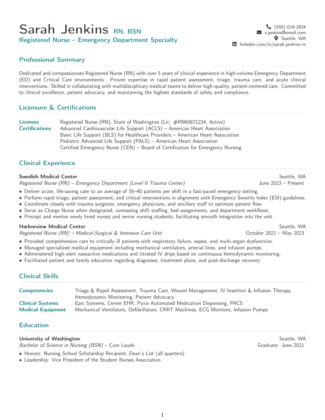 Nurse / Medical Resume LaTeX template — first page preview