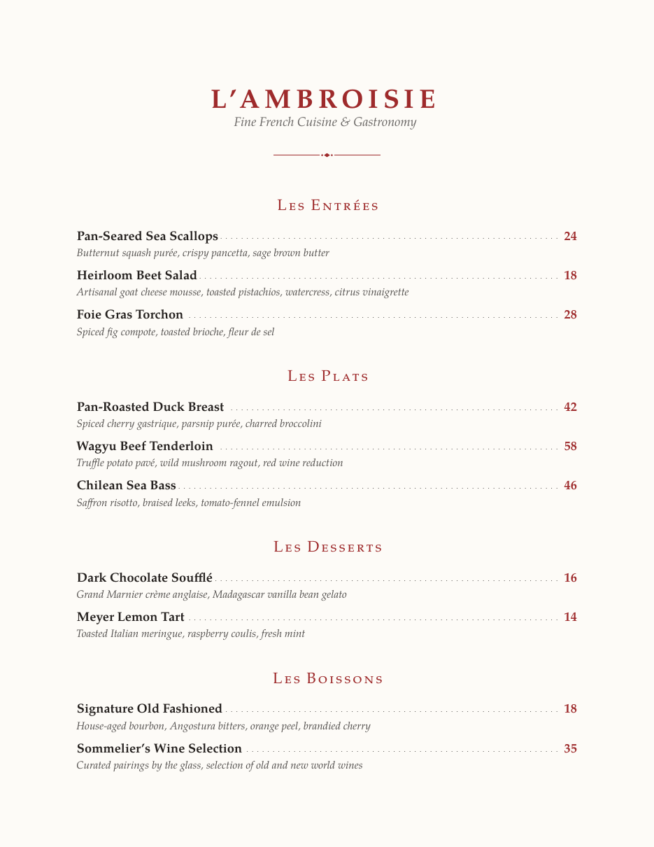 Restaurant Menu LaTeX template — first page preview