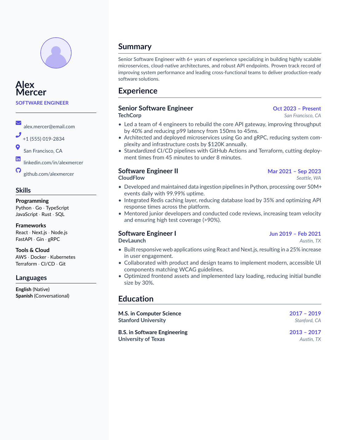 Two-Column Resume LaTeX template — first page preview