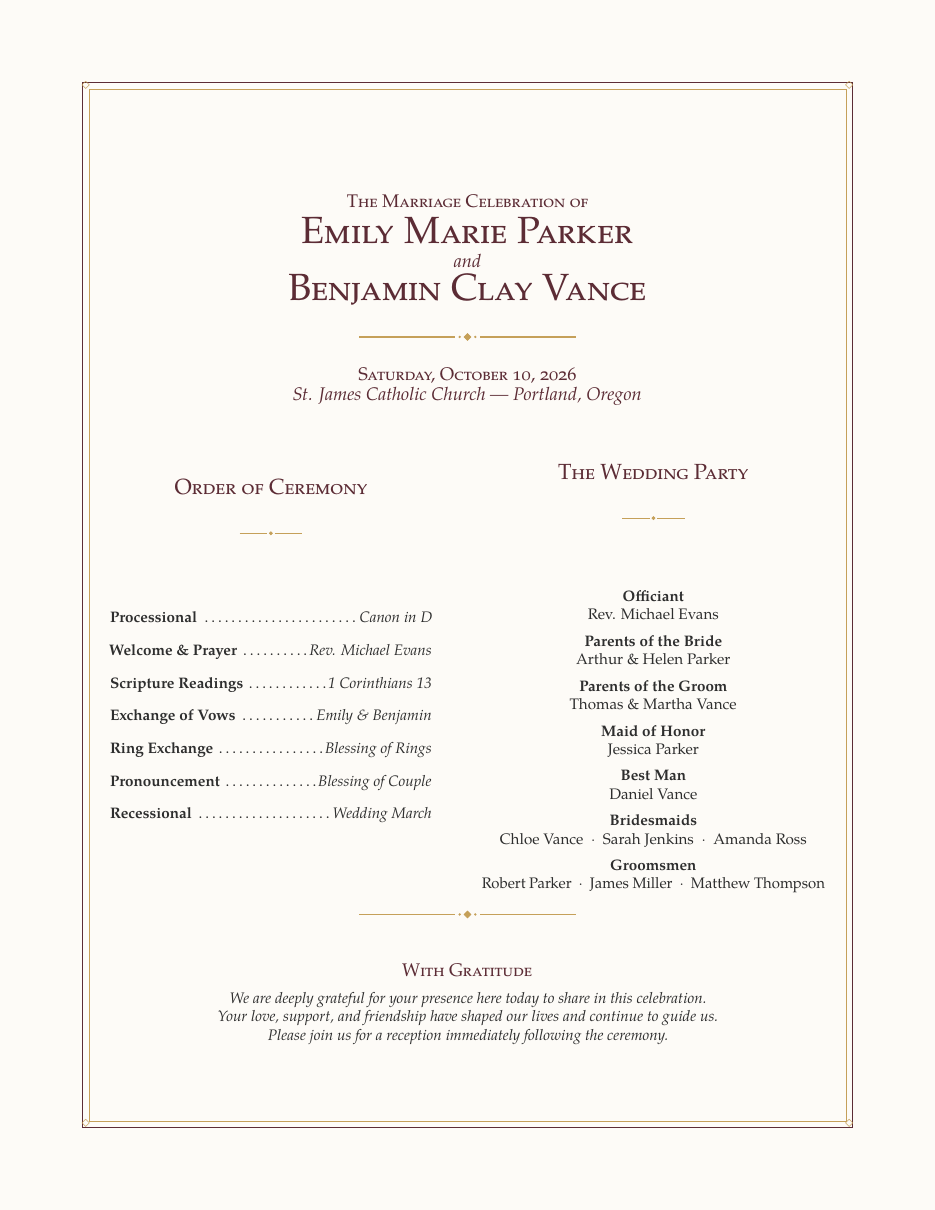 Wedding Program LaTeX template — first page preview