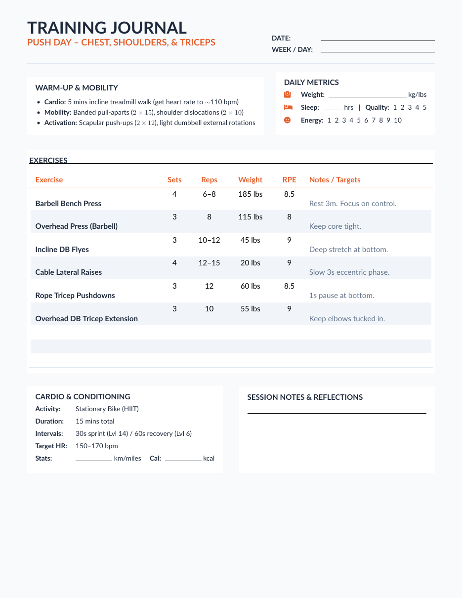 Workout Log LaTeX template — first page preview