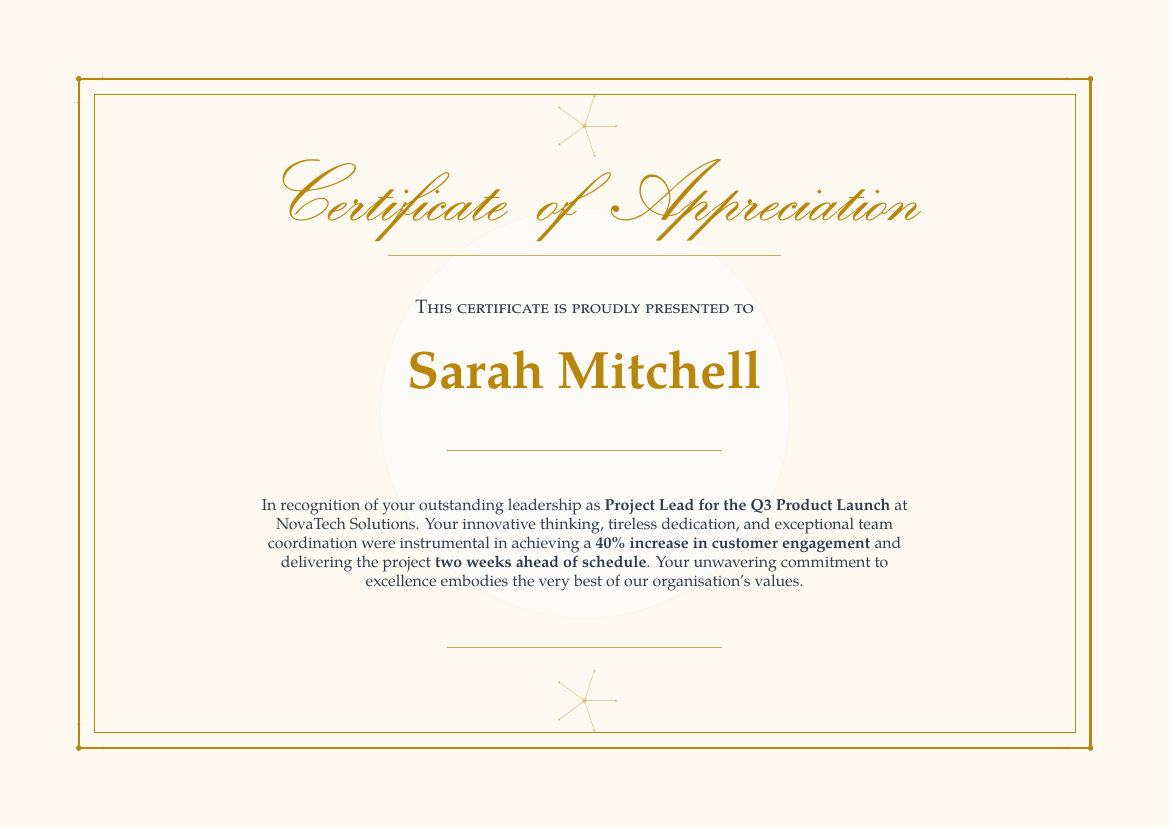 Appreciation Certificate LaTeX template — first page preview