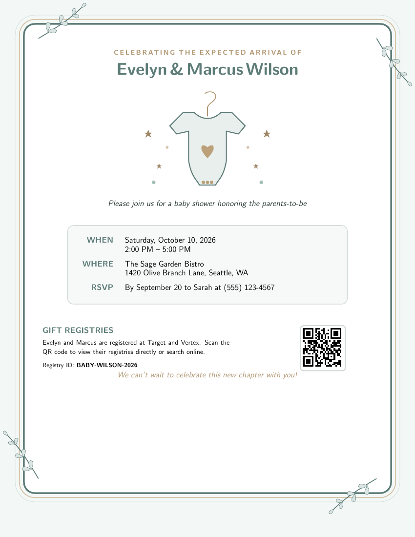 Baby Shower Invitation LaTeX template — first page preview