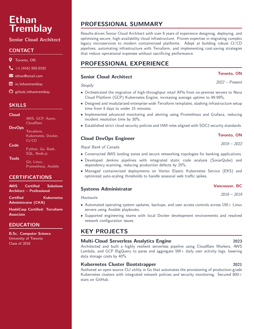 Canadian Resume LaTeX template — first page preview