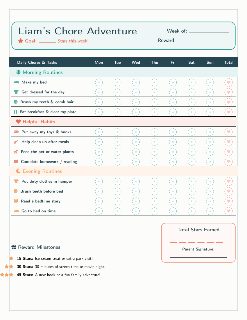 Kids Chore Chart LaTeX template — first page preview