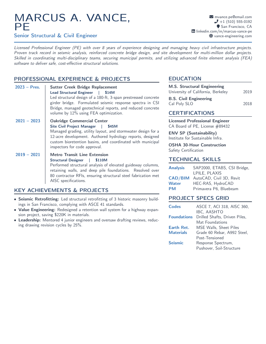 Civil Engineer Resume LaTeX template — first page preview