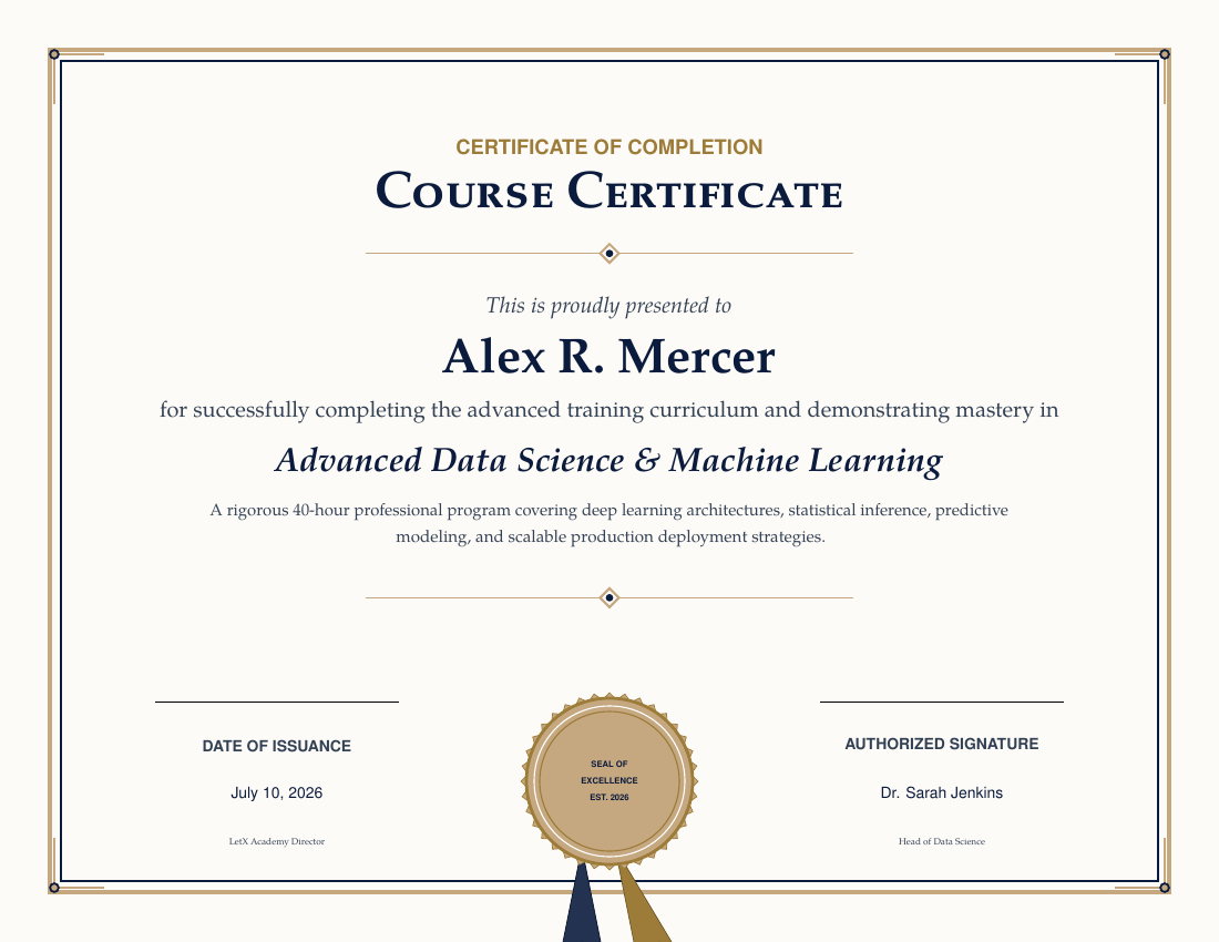 Course Completion Certificate LaTeX template — first page preview