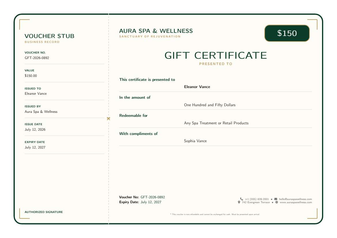 Gift Certificate Voucher LaTeX template — first page preview