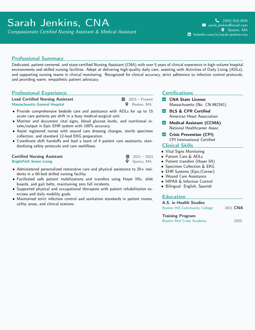 Healthcare Assistant Resume LaTeX template — first page preview