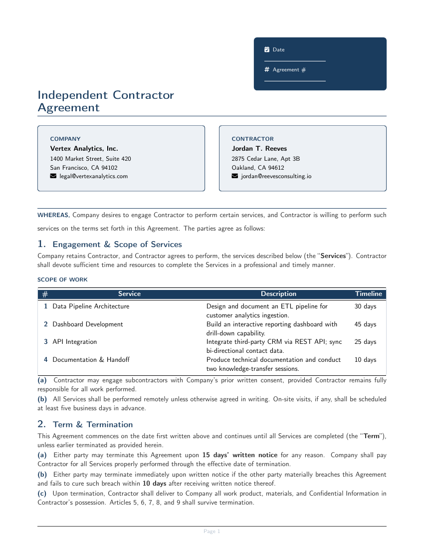 Independent Contractor Agreement LaTeX template — first page preview