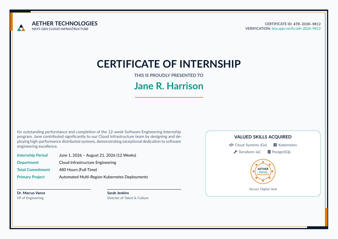 Internship Certificate LaTeX template — first page preview