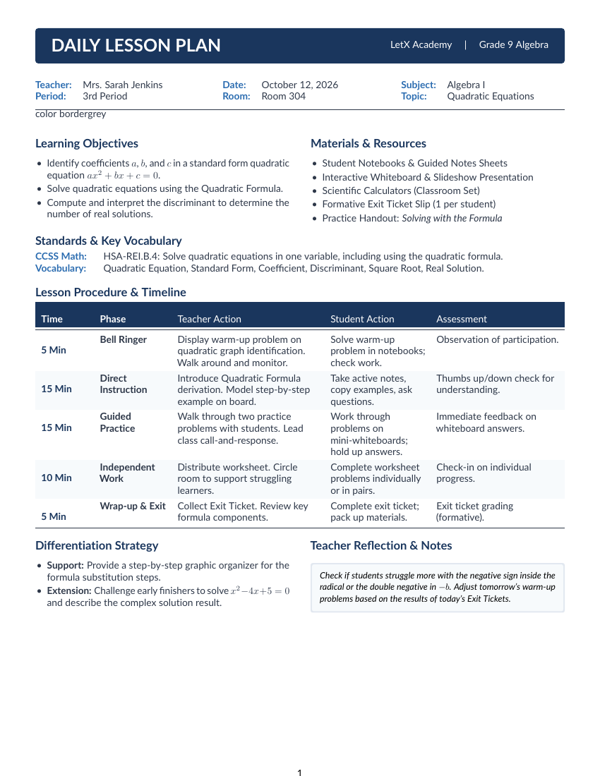 Teacher Lesson Plan LaTeX template — first page preview