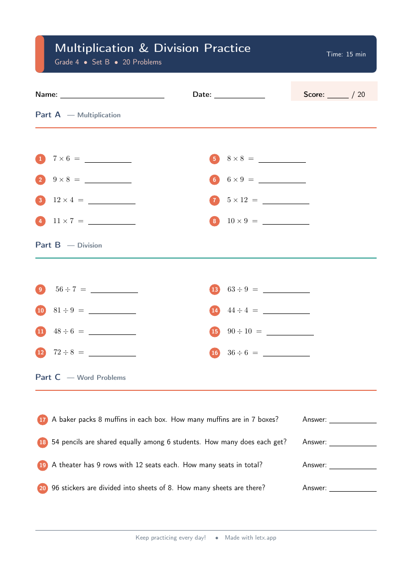 Math Practice Worksheet LaTeX template — first page preview