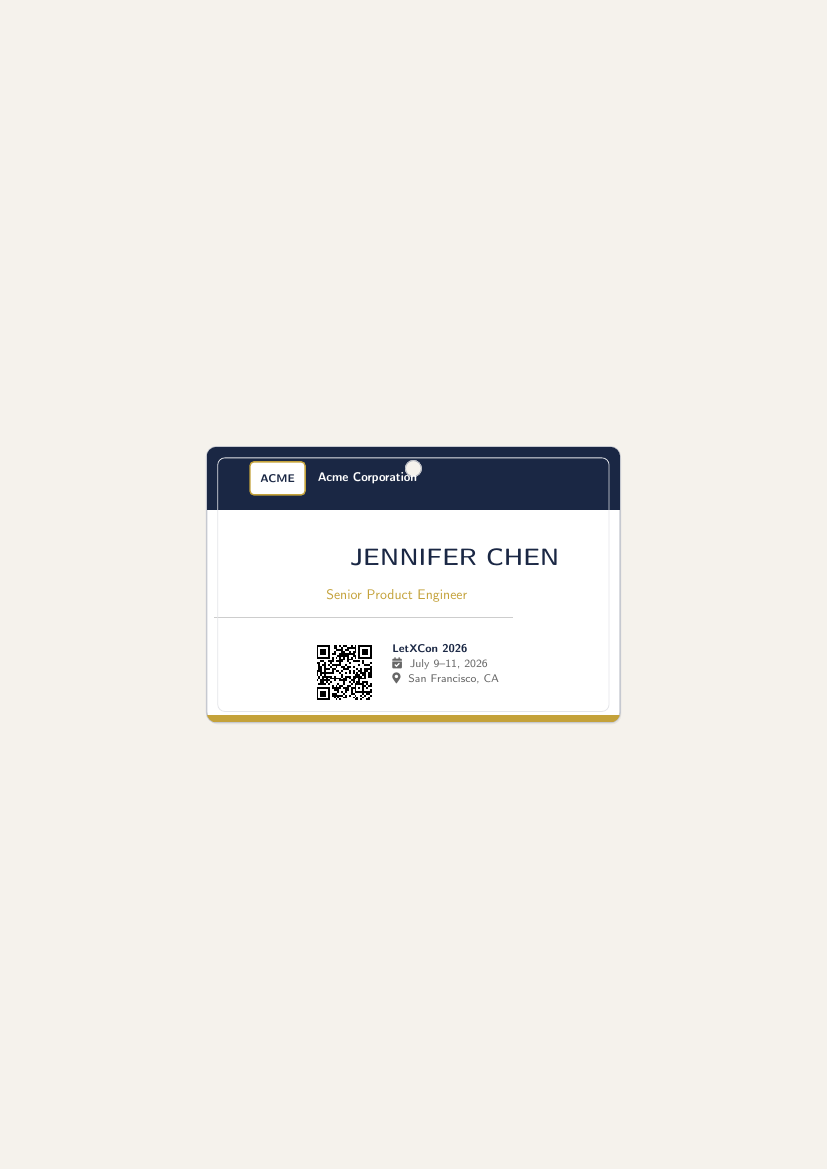 Name Tag Badge LaTeX template — first page preview