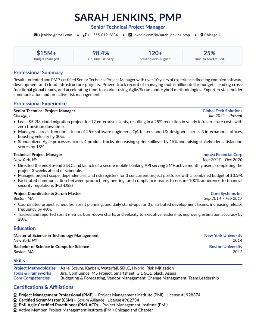 Project Manager Resume LaTeX template — first page preview