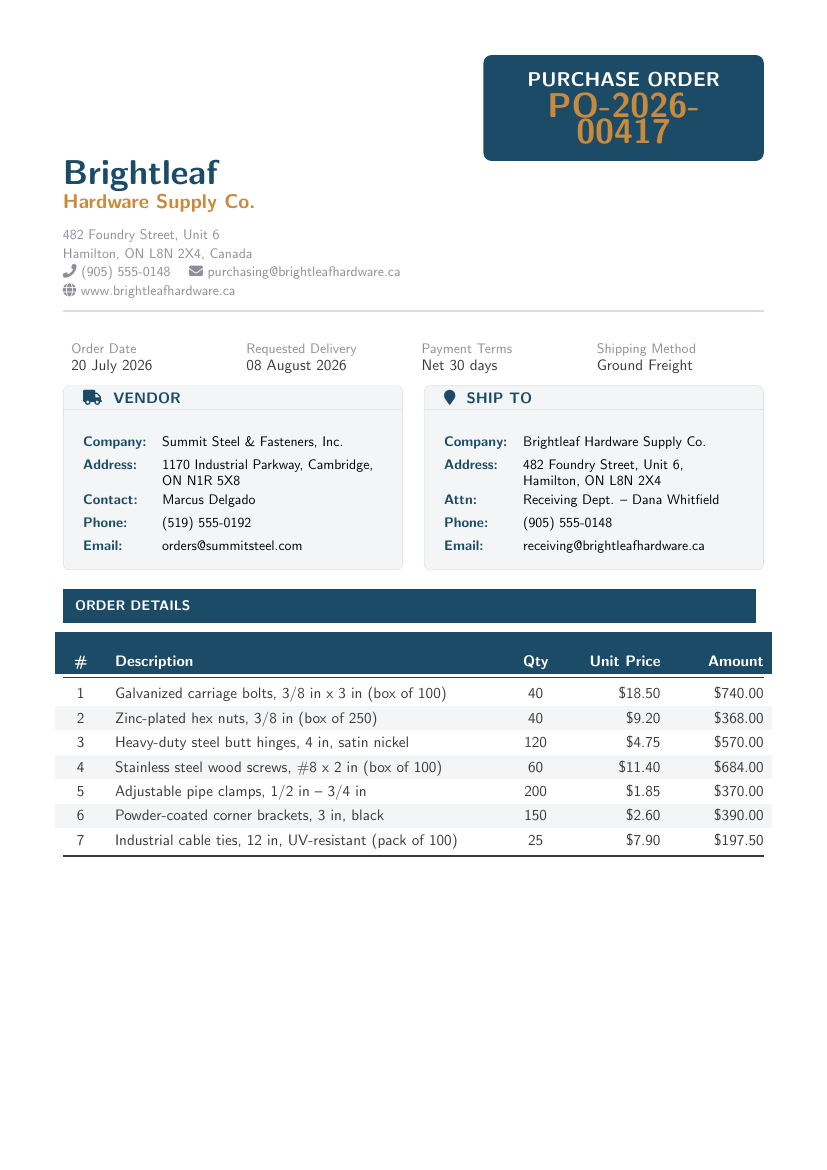 Purchase Order LaTeX template — first page preview