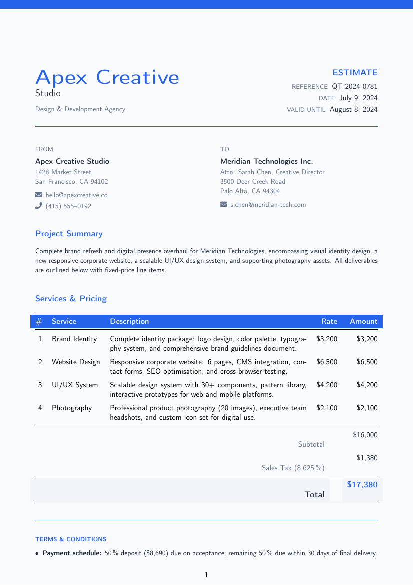 Quote Estimate LaTeX template — first page preview
