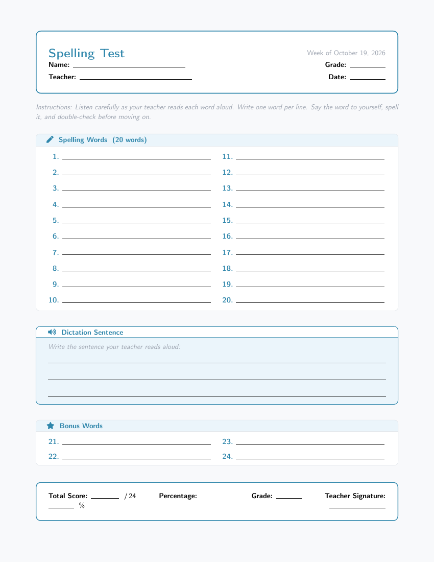 Spelling Test Template LaTeX template — first page preview