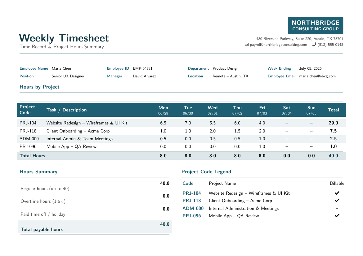 Timesheet LaTeX template — first page preview