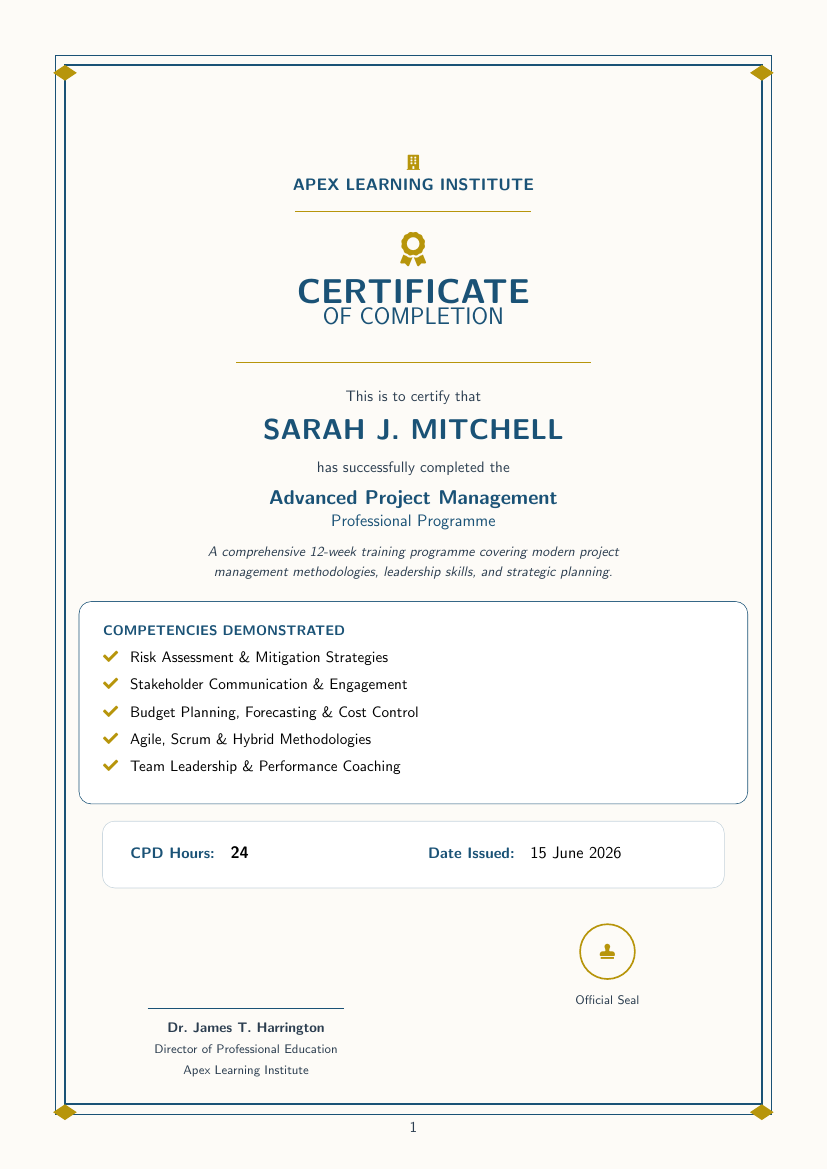 Training Certificate LaTeX template — first page preview