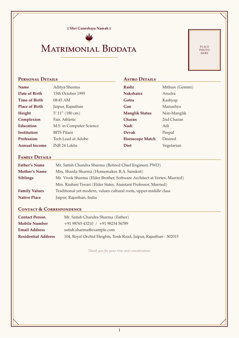 Hindu Marriage Biodata LaTeX template — first page preview