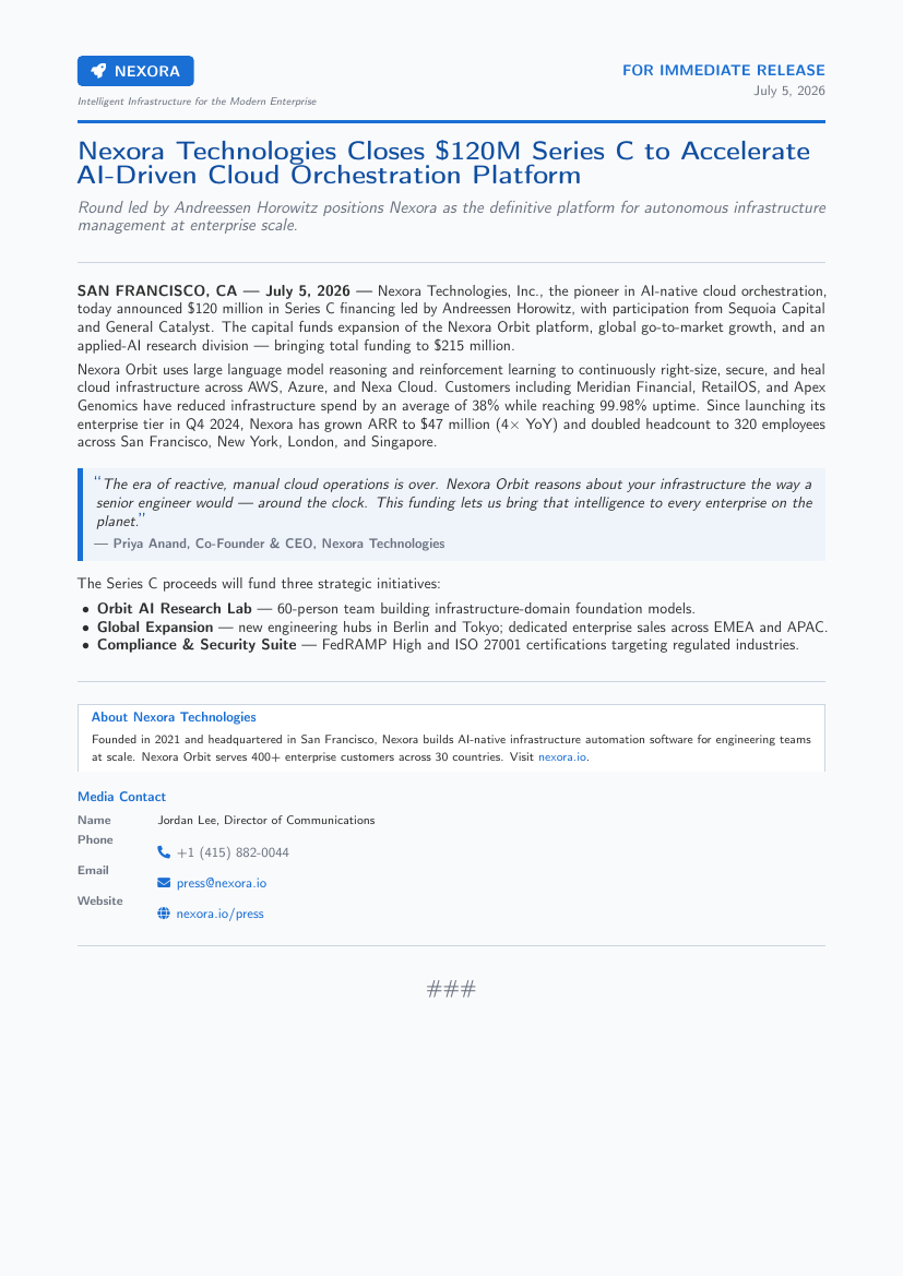 Press Release LaTeX template — first page preview