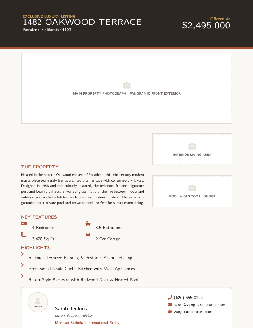 Real Estate Flyer LaTeX template — first page preview