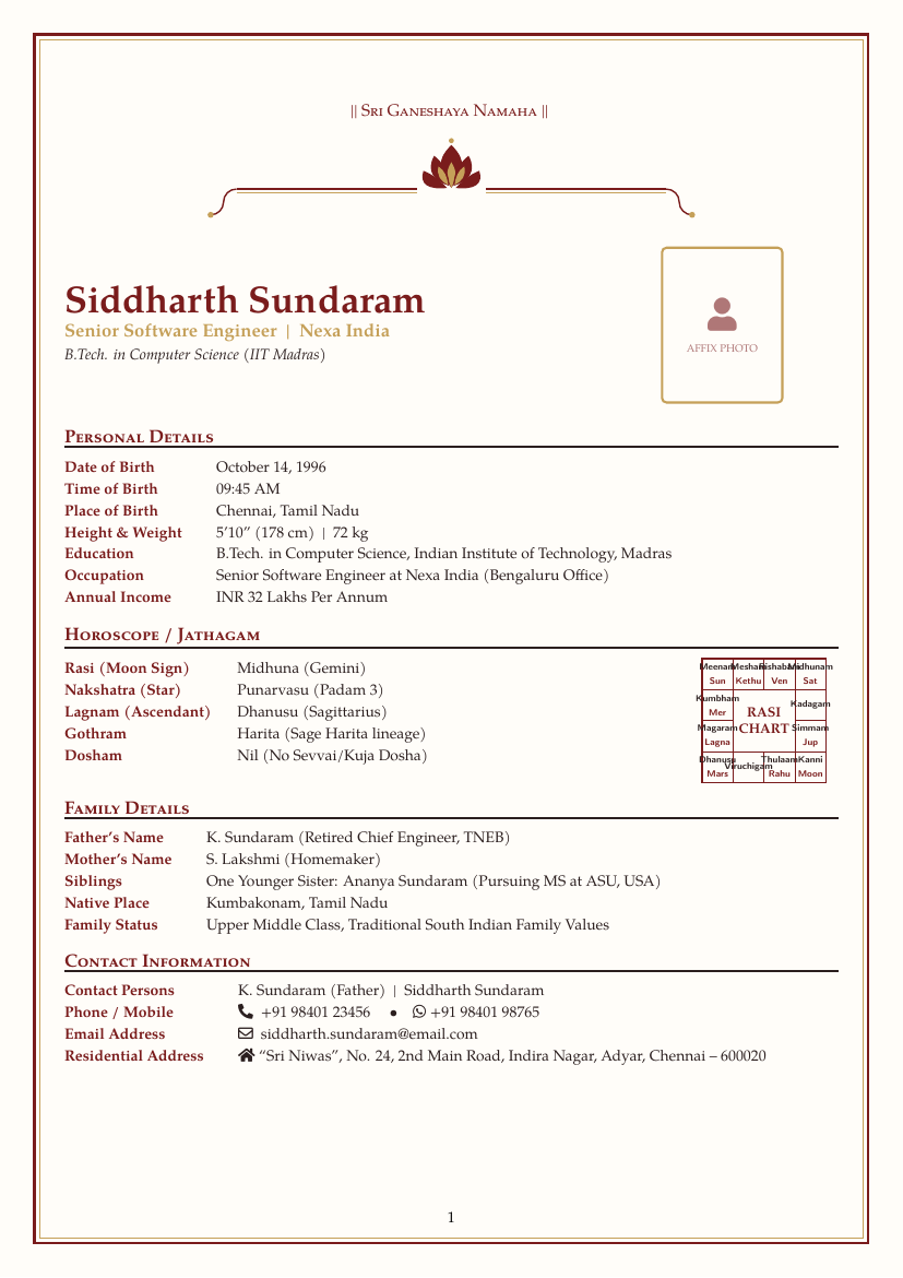 South Indian Marriage Biodata LaTeX template — first page preview