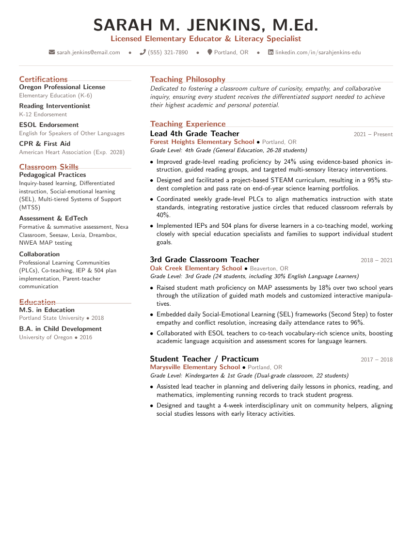 Teacher / Educator Resume LaTeX template — first page preview