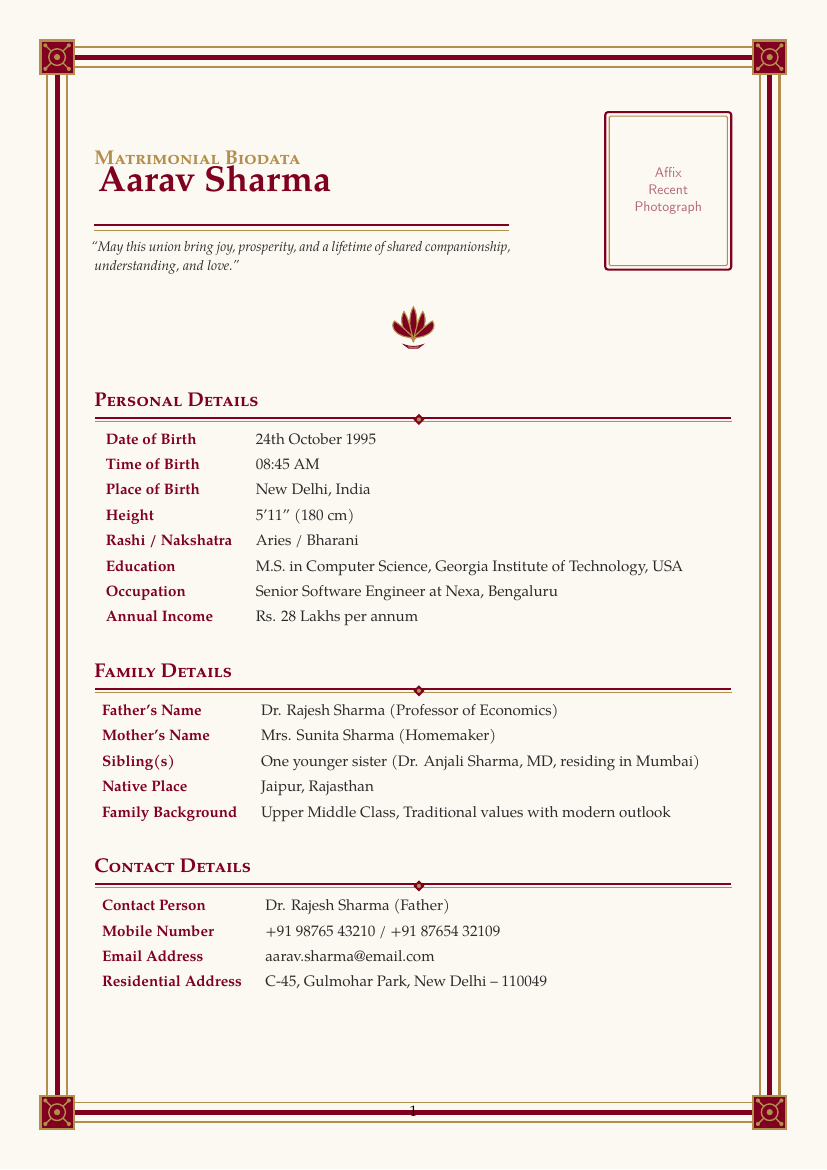 Traditional Marriage Biodata LaTeX template — first page preview