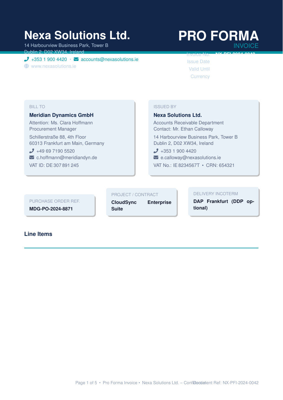 Pro Forma Invoice LaTeX template preview