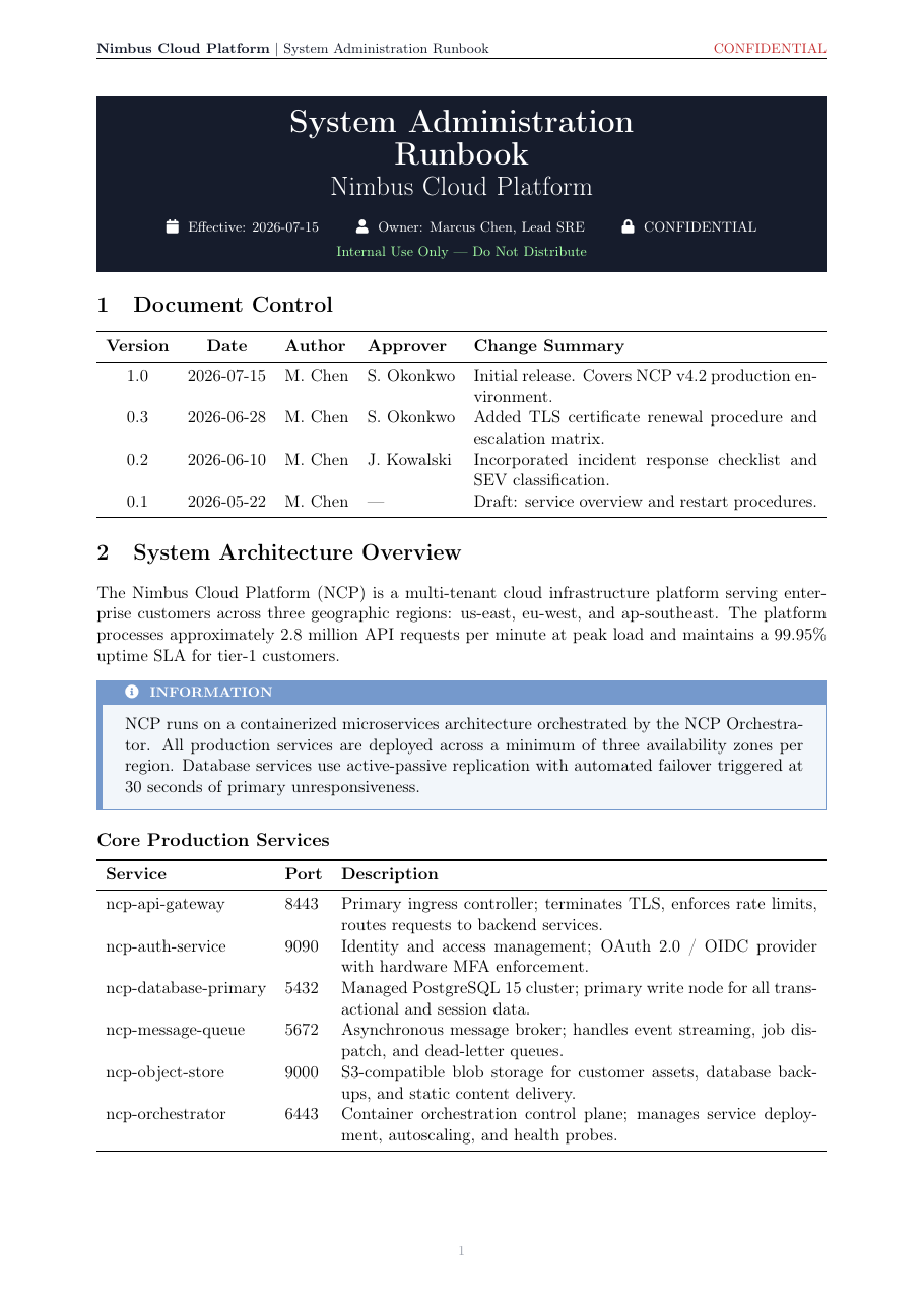 System Administration Runbook LaTeX template preview