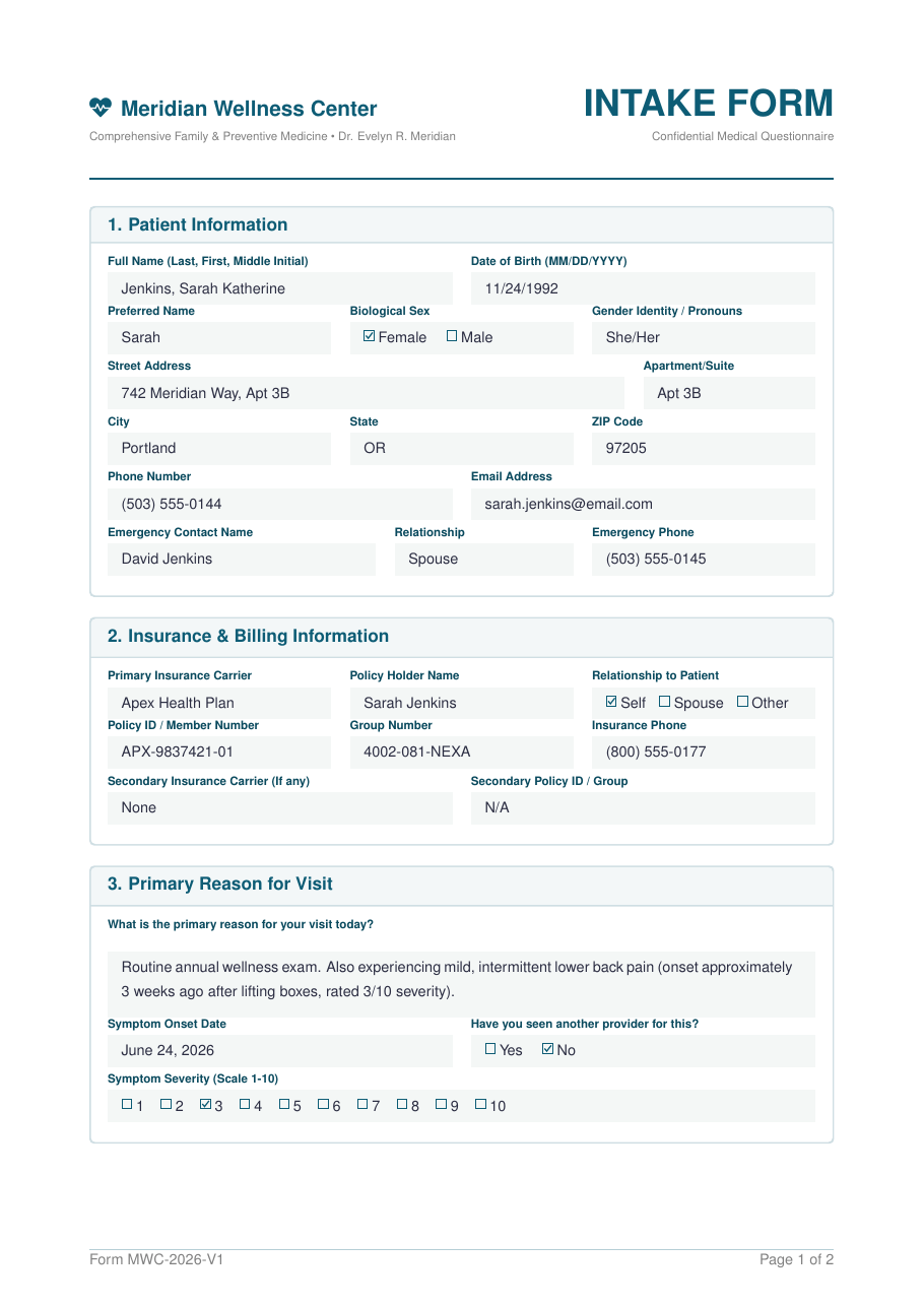 Patient Intake Form LaTeX template preview
