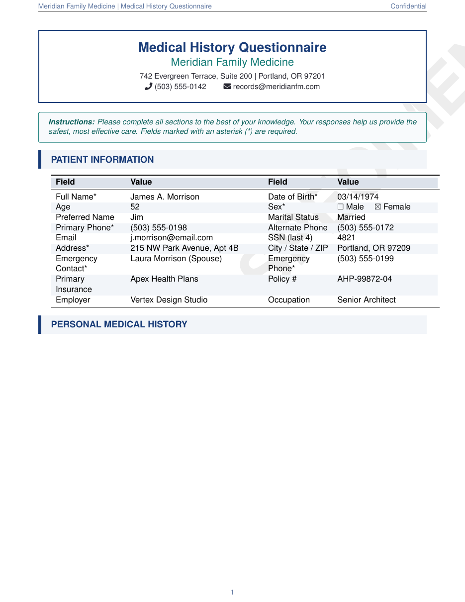 Medical History Questionnaire LaTeX template preview