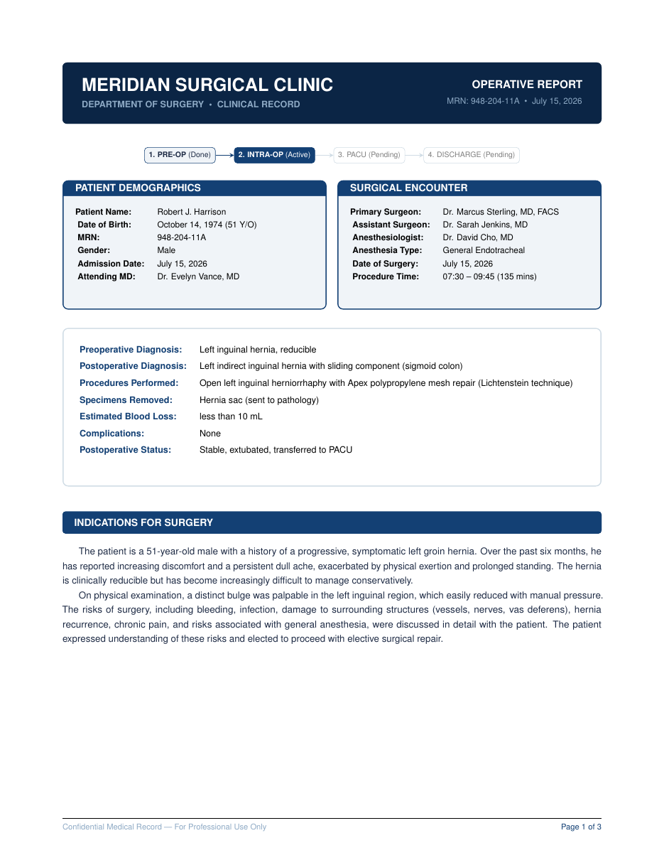 Surgical Operative Report LaTeX template preview