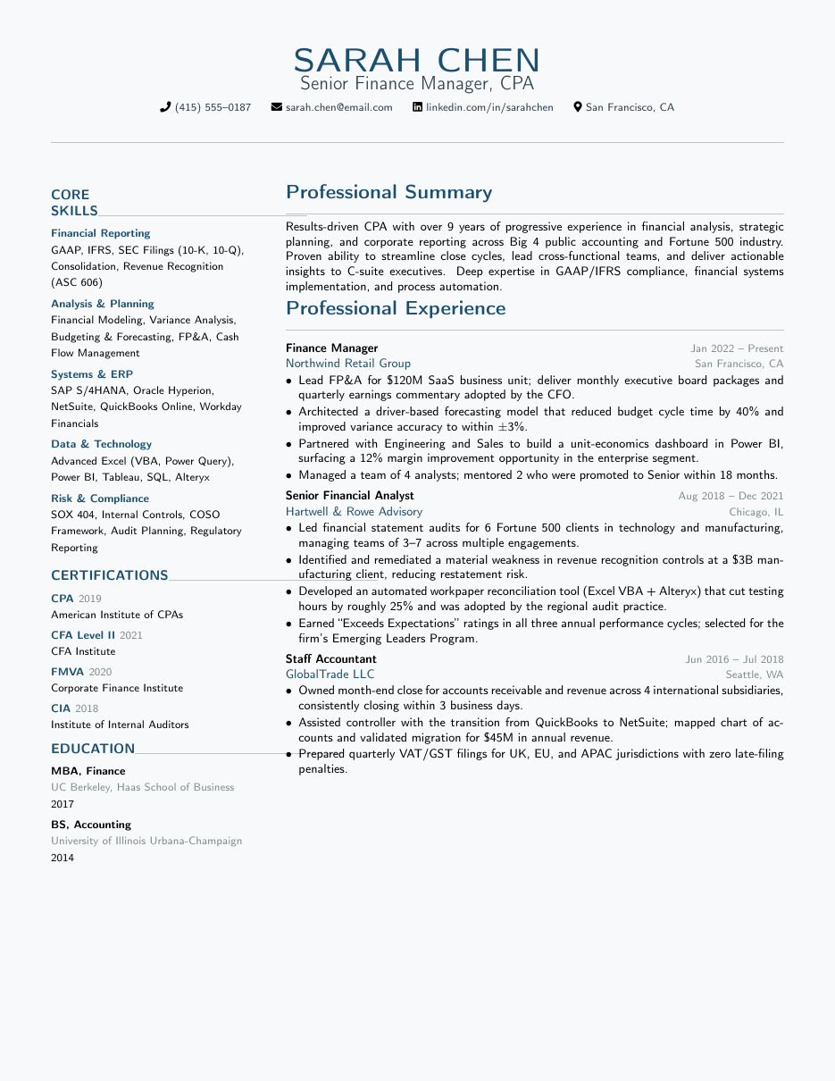 Finance Accounting Resume LaTeX template — first page preview